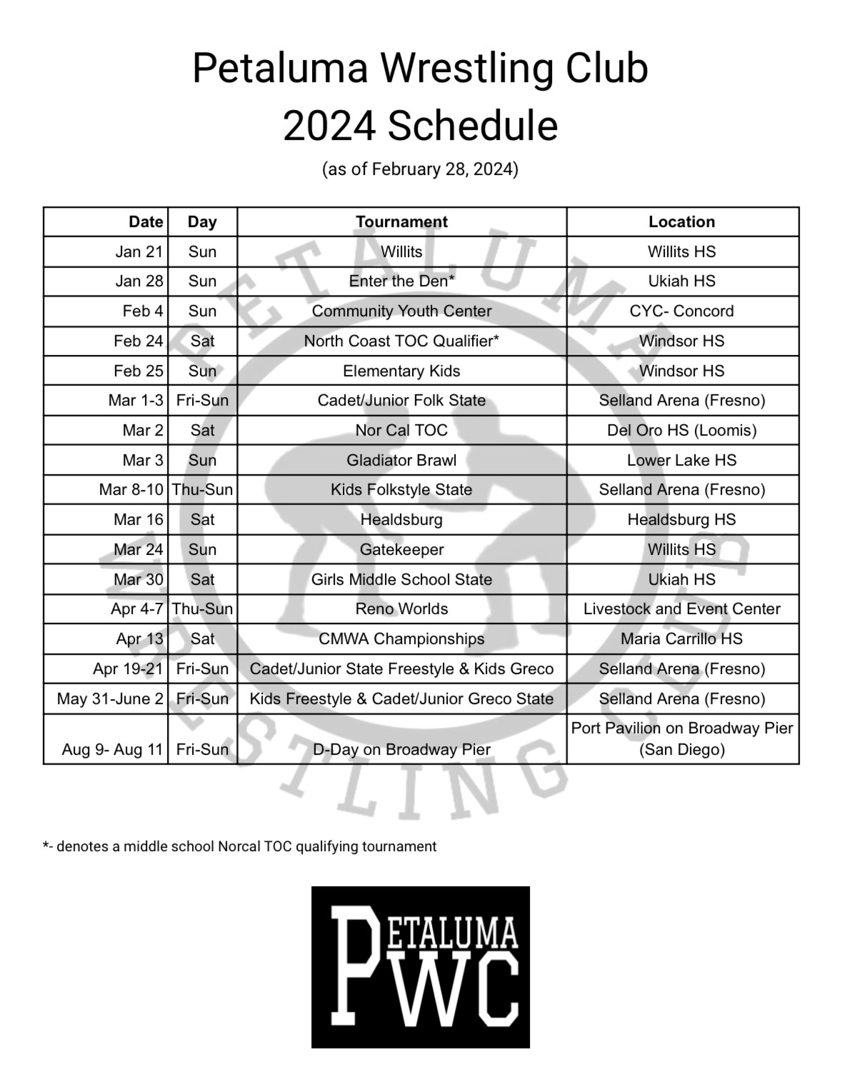 PWC Competition Schedule